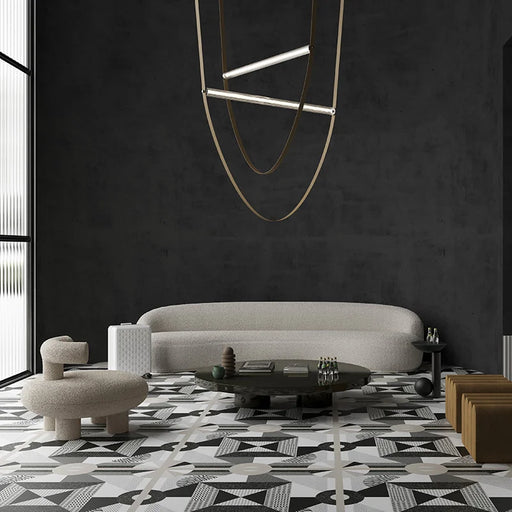 Salone moderno con pavimento in gres porcellanato effetto cementina contemporanea, formato 120x120 cm, colore nero e bianco, One Decoro 01 di 41zero42
