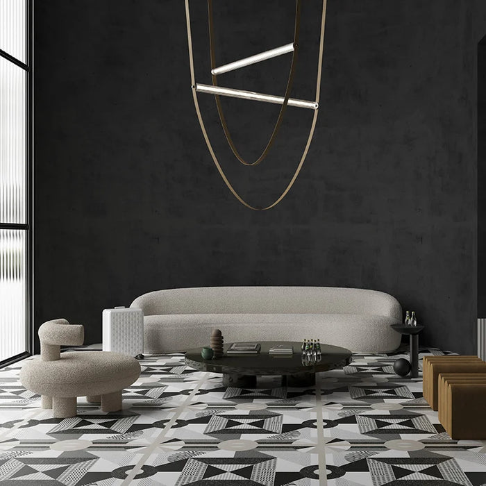 Salone moderno con pavimento in gres porcellanato effetto cementina contemporanea, formato 120x120 cm, colore nero e bianco, One Decoro 01 di 41zero42