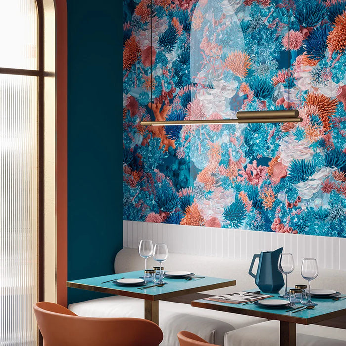 Ristorante con rivestimento in gres effetto carta da parati, lucido, della collezione Paper41 Lux di 41zero42, 60x120 cm, Decoro Jacques