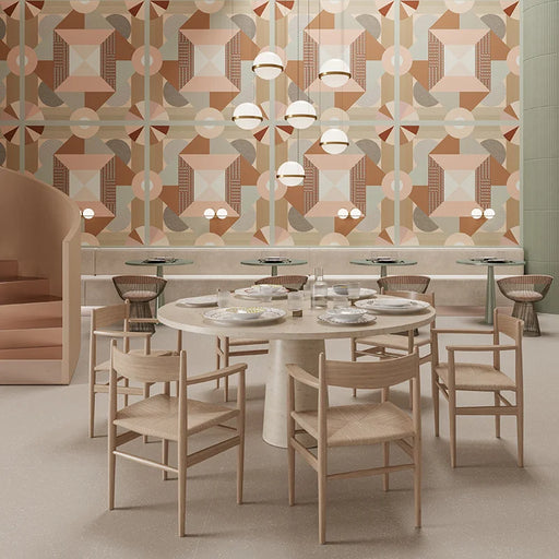 ristorante moderno chic con rivestimenti in gres porcellanato effetto cementina pop art, formato 120x120 cm, colore rosa e marrone, One Decoro 04 di 41zero42