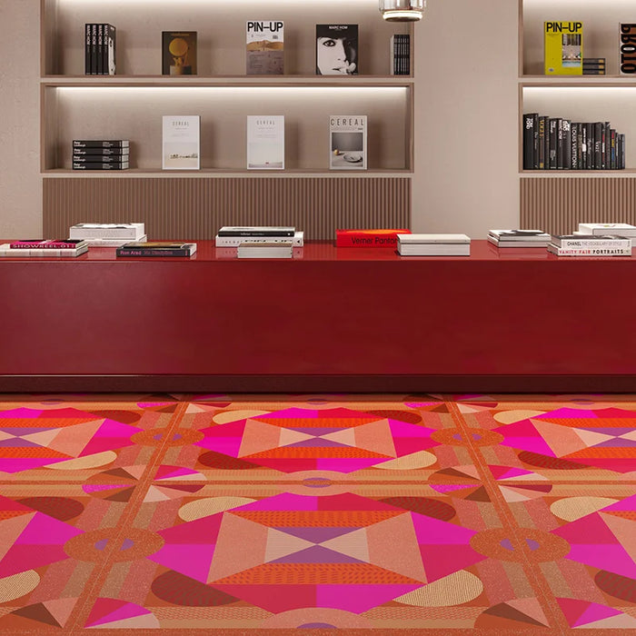 Libreria con pavimento in gres porcellanato effetto cementina pop art, formato 120x120 cm, colore fucsia, One Decoro 07 di 41zero42