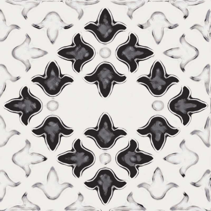 Dettaglio piastrella stile maiolica vietrese, collezione Maioliche di ceramiche Valsecchia colore mix black & white 15x15 