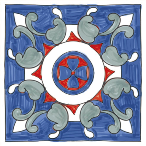 Dettaglio piastrella per pavimento e rivestimento in gres porcellanato effetto cementina vietrese. Collezione Amalfi di Ceramica Valsecchia, formato 15x15, Mix Mare