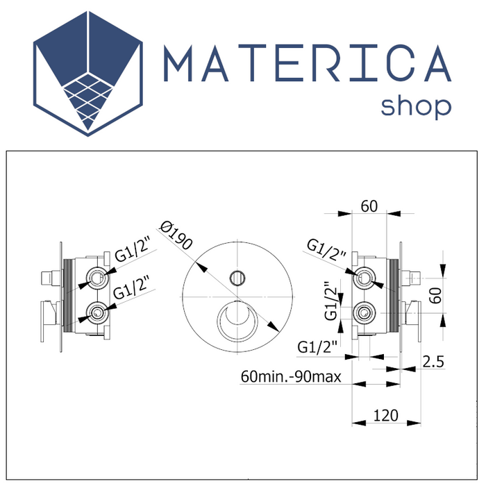 scheda tecnica miscelatore per doccia ad incasso con 2 o 3 vie della serie Skat di demm rubinetterie