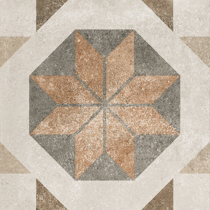Dettaglio piastrella per pavimento e rivestimento in gres porcellanato effetto cementina dai colori vintage opaca. Collezione Cementine di Ceramica Valsecchia, formato 20x20, Mix Color