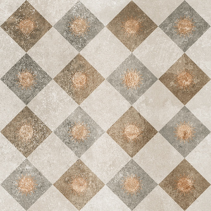 Dettaglio piastrella per pavimento e rivestimento in gres porcellanato effetto cementina dai colori vintage opaca. Collezione Cementine di Ceramica Valsecchia, formato 20x20, Mix Color