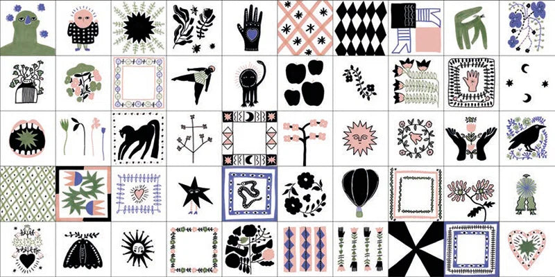 Piastrelle opache in gres decorate con disegni colorati ispirati a festival, formato 10x10 cm, collezione Stories di 41zero42, colore Caravan Matte