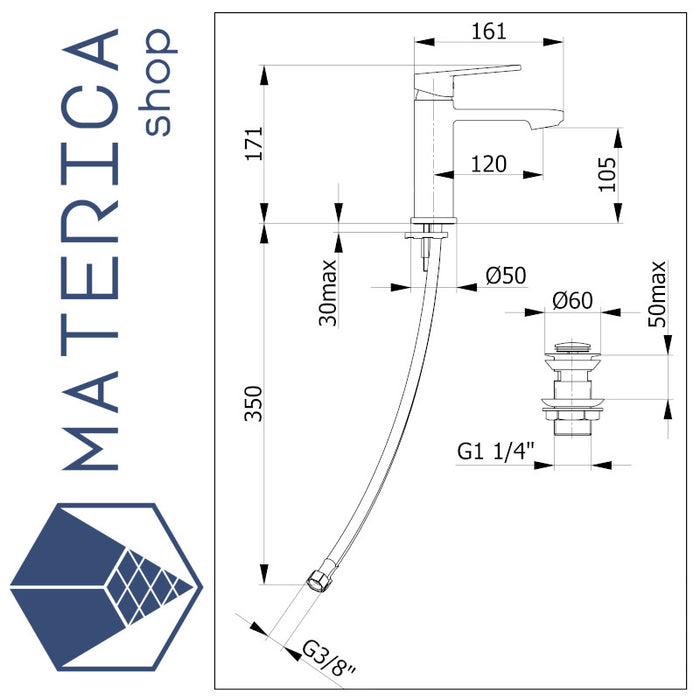 SCHEDA TECNICA MISCELATORE PER LAVABO CON SCARICO CLICK CLACK DELLA SERIE DRAKE DI DEMM RUBINETTERIA
