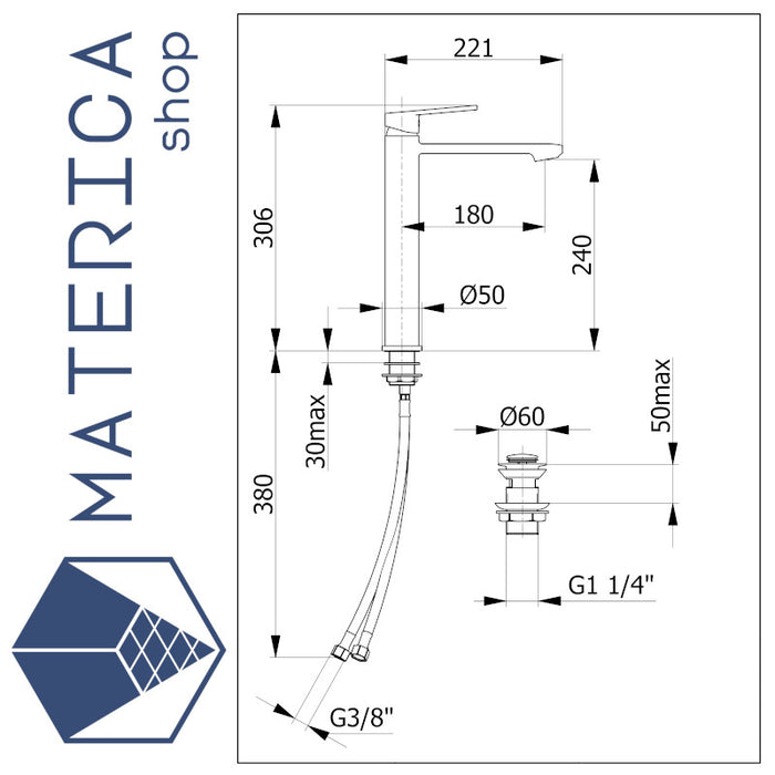 scheda tecnica del miscelatore a canna alta della serie drake di demm rubinetterie
