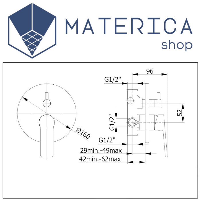 scheda tecnica miscelatore per doccia ad incasso con deviatore ceramico della serie drake di demm rubinetterie