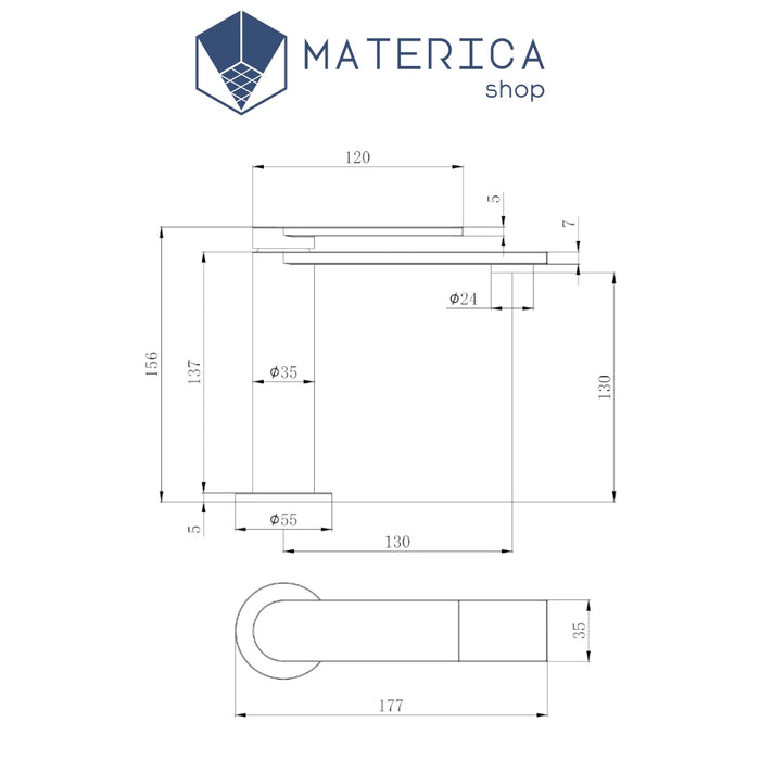 scheda tecnica del miscelatore monocomando della serie Plana di Demm Rubinetteria in finitura cromata per lavabo