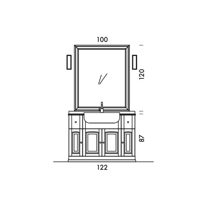 disegno tecnico con misure della composizione mobile dorian acanthis di compab con specchio intarsiato, top in marmo e lavabo semincasso in ceramica bianca