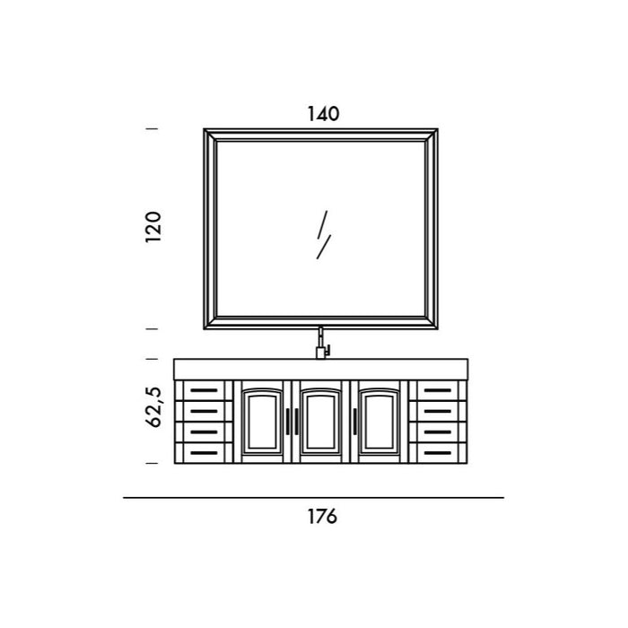 disegno tecnico con misure del mobile bagno sospeso dorian acanthis di compab lunghezza cm 175 con top in gres porcellanato effetto ossidato