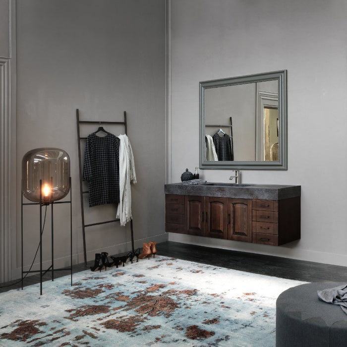mobile bagno sospeso dorian acanthis con top in gres porcellanato effetto ossidato, ante in legno massello frassino corvino