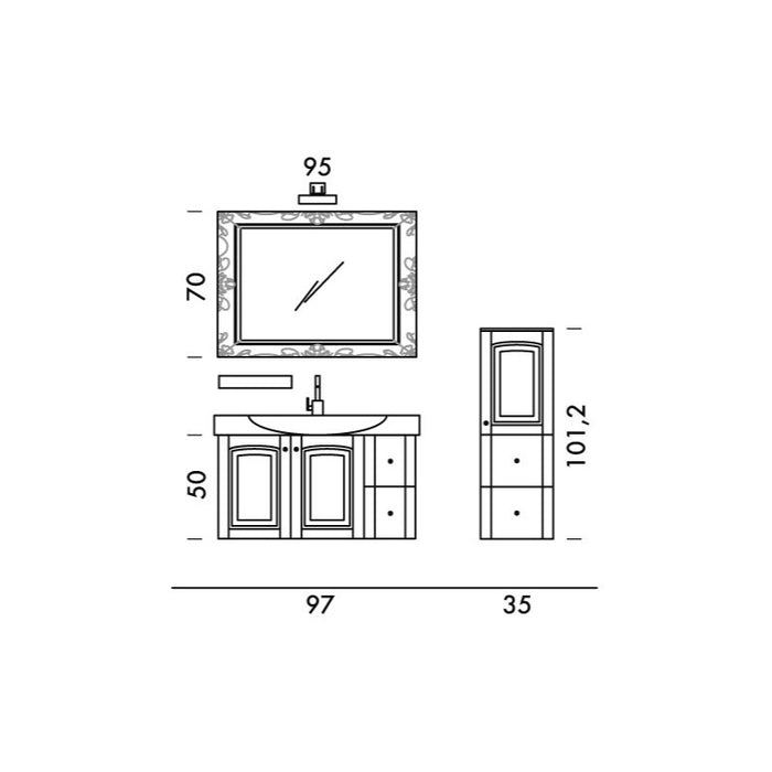 disegno tecnico con misure della composizione mobile da bagno sospeso classico con possibilità di aggiungere colonna sospesa della serie Dorian