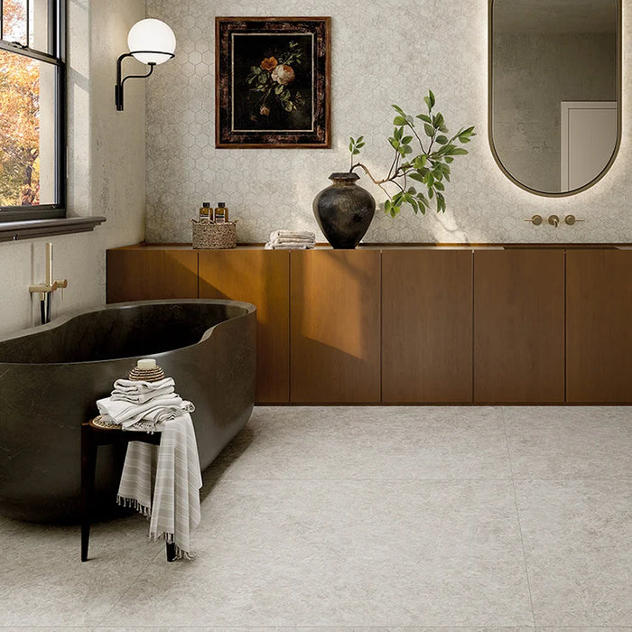 Dettaglio piastrella in gres porcellanato effetto marmo opaco della collezione Elegance di Ceramica Settecento, formato 60x120 cm, colore White