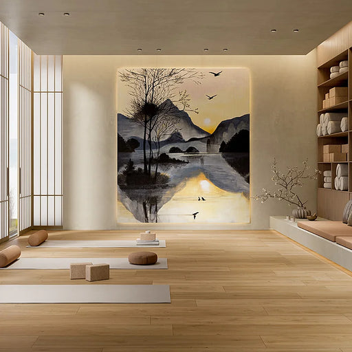 Sala yoga con pavimento in gres porcellanato effetto legno della collezione Oku di Ceramica Rondine, formato 24x150 cm, colore Contemporary Natural