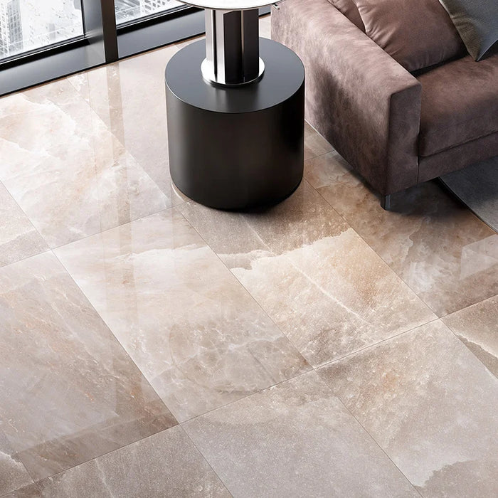 Dettaglio pavimento in gres porcellanato effetto marmo levigato lucido della collezione Himalaya di Ceramica Rondine, formato 60x120 cm, colore Coral