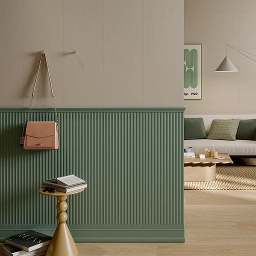 Piastrella per rivestimento in gres porcellanato effetto cannettato a rilievo della collezione Brio di Ceramica Rondine, formato 33,3x100 cm, colore Shanghai Menta