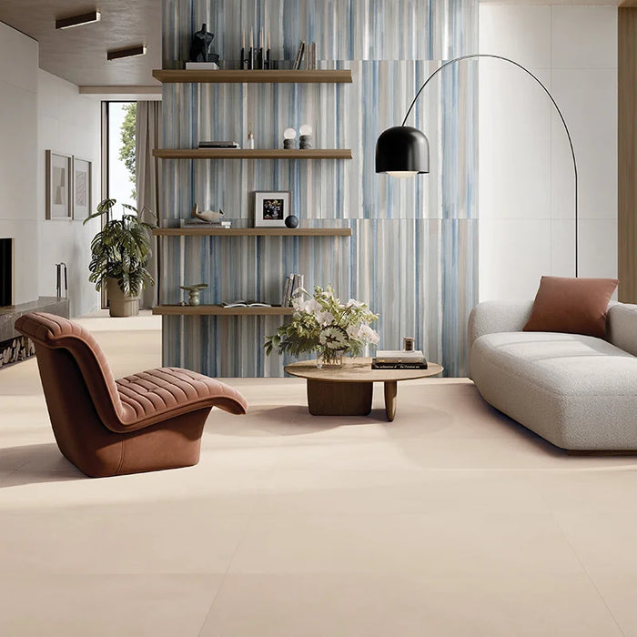 Salotto moderno con pavimento in gres porcellanato effetto resina della collezione Pastel X di Ceramica Rondine, formato 60x120 cm, colore Corda