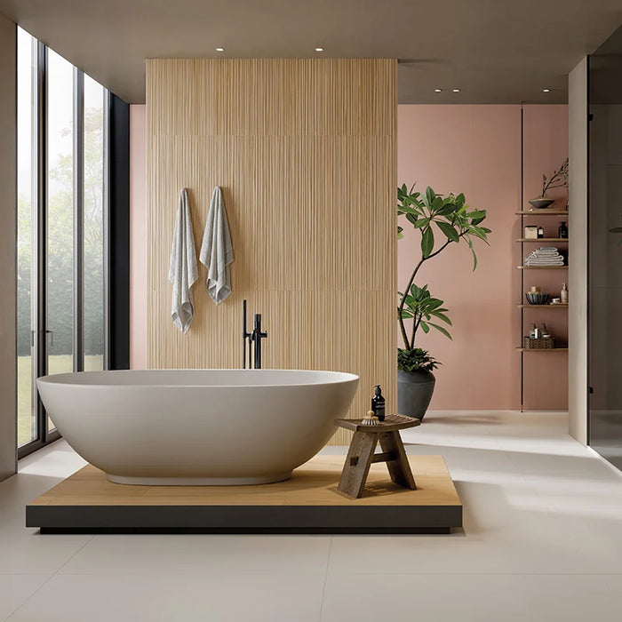Bagno moderno con rivestimento in gres porcellanato effetto legno 3D a rilievo della collezione Pastel X di Ceramica Rondine, formato 60x120 cm, colore 3D Plissé Vivo
