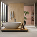 Bagno moderno con rivestimento in gres porcellanato effetto legno 3D a rilievo della collezione Pastel X di Ceramica Rondine, formato 60x120 cm, colore 3D Plissé Vivo