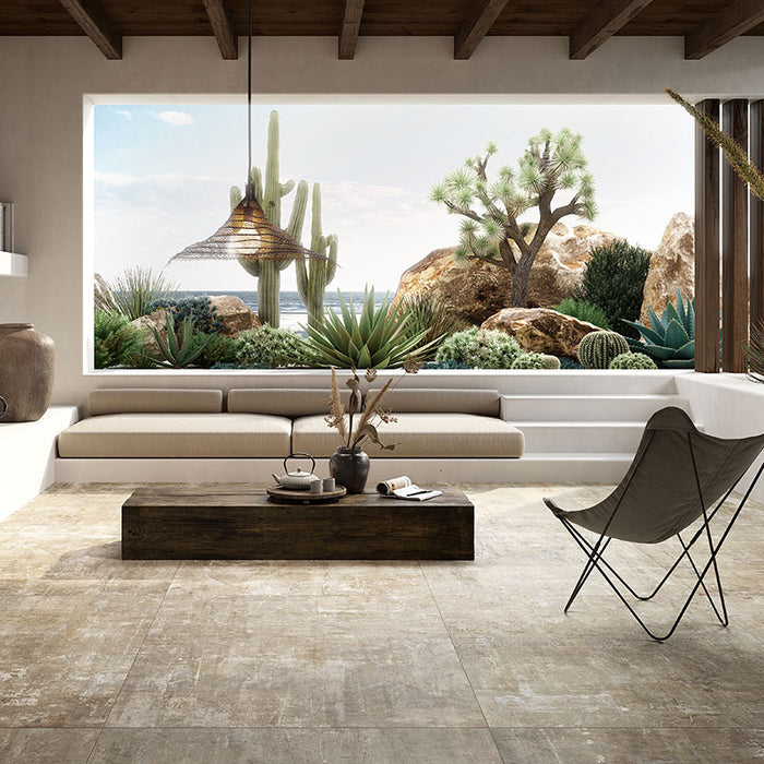 Piastrella per pavimento e rivestimento in gres porcellanato effetto cemento opaco 100x100 cm della collezione Murales, colore Beige di Ceramica Rondine.