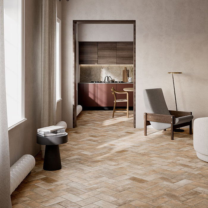 Dettaglio piastrella per pavimento e rivestimento in gres porcellanato effetto cotto opaco 13x25 cm della collezione Recovery Stone, colore Beige di Ceramica Rondine