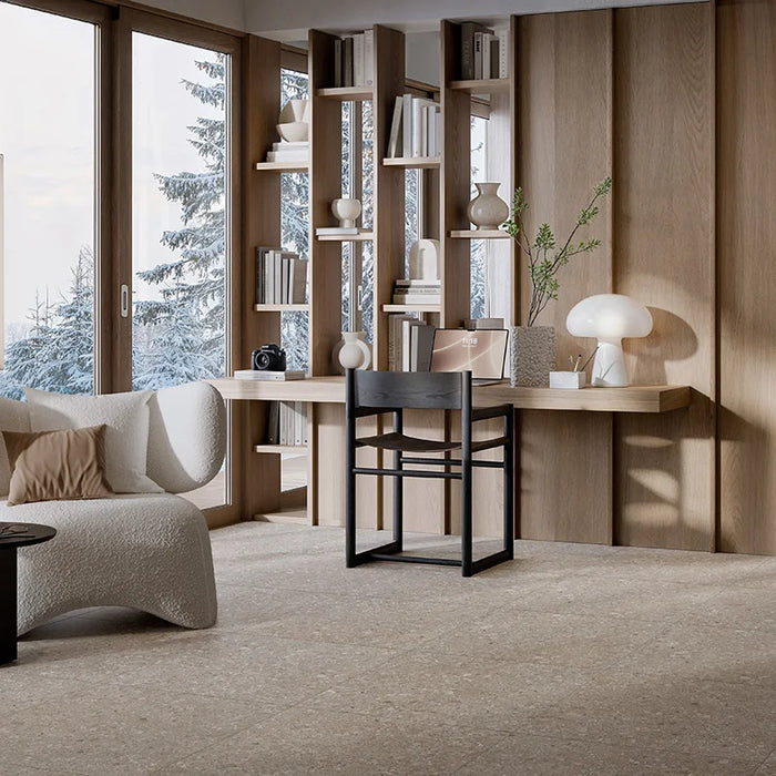 Studio moderno con paimento in gres porcellanato effetto marmetta della collezione Gravelux di Ceramica Rondine, formato 60x60 cm, colore Beige