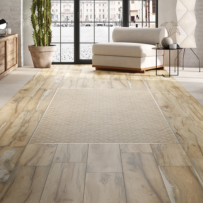 Salotto moderno con da pavimento in gres porcellanato effetto legno rustico, serie Infusion di Ceramica Rondine, colore Oak 24x150 