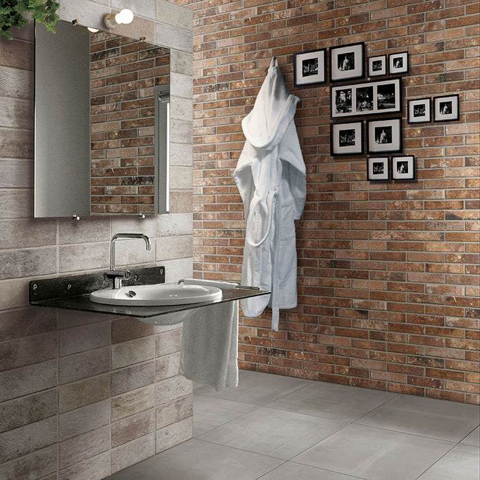 Dettaglio piastrella per pavimento e rivestimento in gres porcellanato effetto mattoncino Opaco 13x25 cm della collezione London, colore Fog di Ceramica Rondine