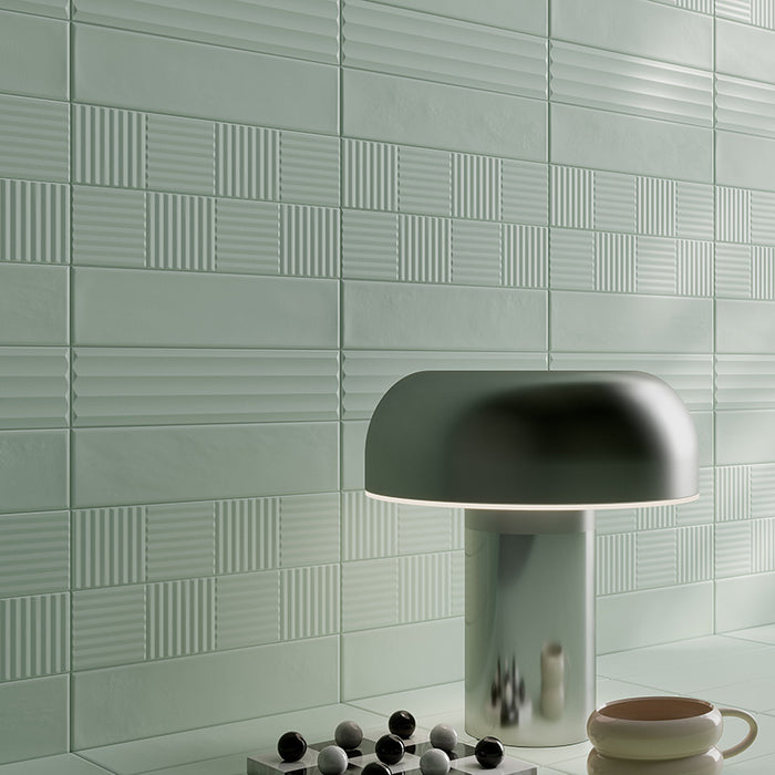 Dettaglio piastrella per rivestimento in gres porcellanato effetto mattoncino Opaco 6x25 cm della collezione Volume, colore Bamboo Light Blue di Ceramica Rondine