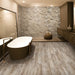 bagno moderno marrone con pavimento in gres porcellanato effetto legno rustico della collezione Living di Ceramica Rondine, formato 15x61 cm, colore Marrone