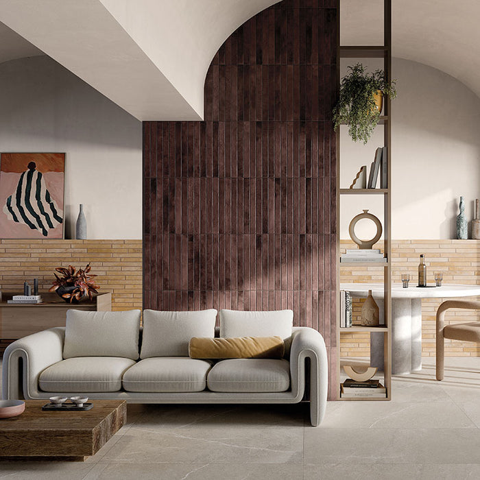 Dettaglio piastrella per pavimento e rivestimento in gres porcellanato effetto mattoncino opaco 4.8x45 cm della collezione Nolita, colore Napa di Ceramica Rondine