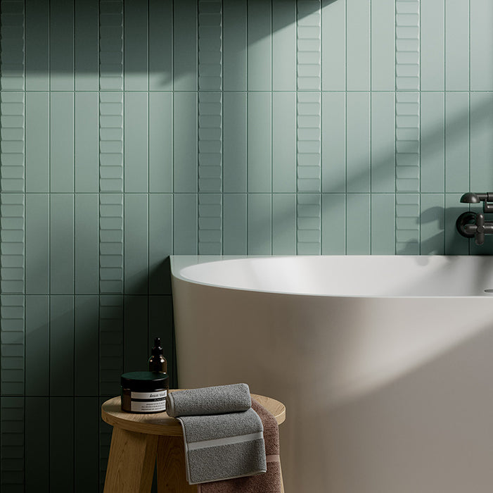 Dettaglio piastrella per rivestimento in gres porcellanato effetto mattoncino Opaco 6x25 cm della collezione Volume, colore Ladder Ocean di Ceramica Rondine