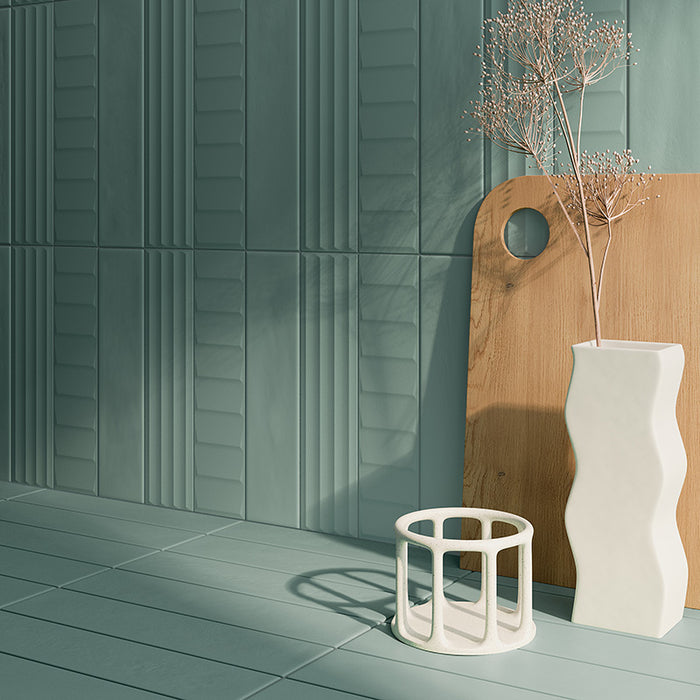 Dettaglio piastrella per rivestimento in gres porcellanato effetto mattoncino Opaco 6x25 cm della collezione Volume, colore Pyramid Ocean di Ceramica Rondine