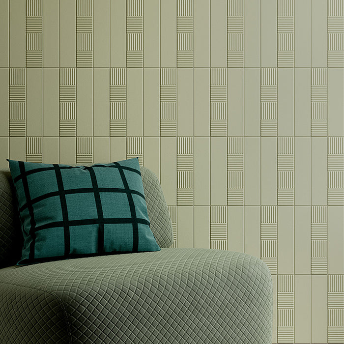 Dettaglio piastrella per rivestimento in gres porcellanato effetto mattoncino Opaco 6x25 cm della collezione Volume, colore Bamboo Sage di Ceramica Rondine