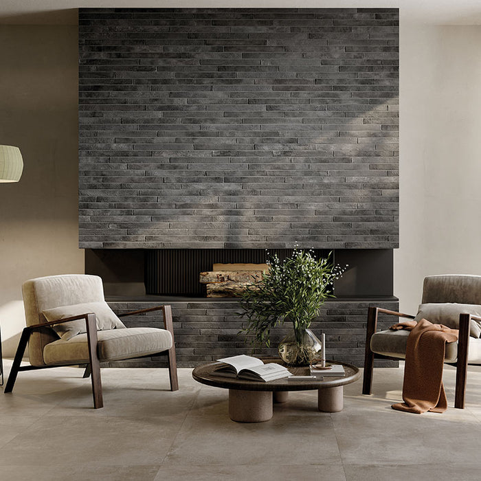 Dettaglio piastrella per pavimento e rivestimento in gres porcellanato effetto mattoncino opaco 4.8x45 cm della collezione Nolita, colore Smoke di Ceramica Rondine