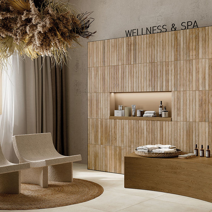 Dettaglio piastrella per pavimento e rivestimento in gres porcellanato effetto mattoncino opaco 4.8x45 cm della collezione Nolita, colore Sunset di Ceramica Rondine