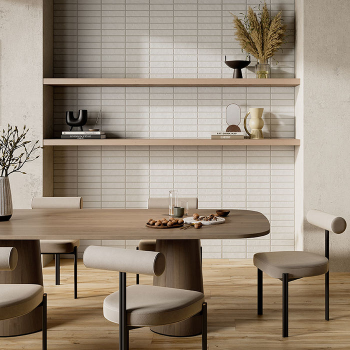 Dettaglio piastrella per pavimento e rivestimento in gres porcellanato effetto mattoncino opaco 6x25 cm della collezione Recovery Stone, colore Total White di Ceramica Rondine