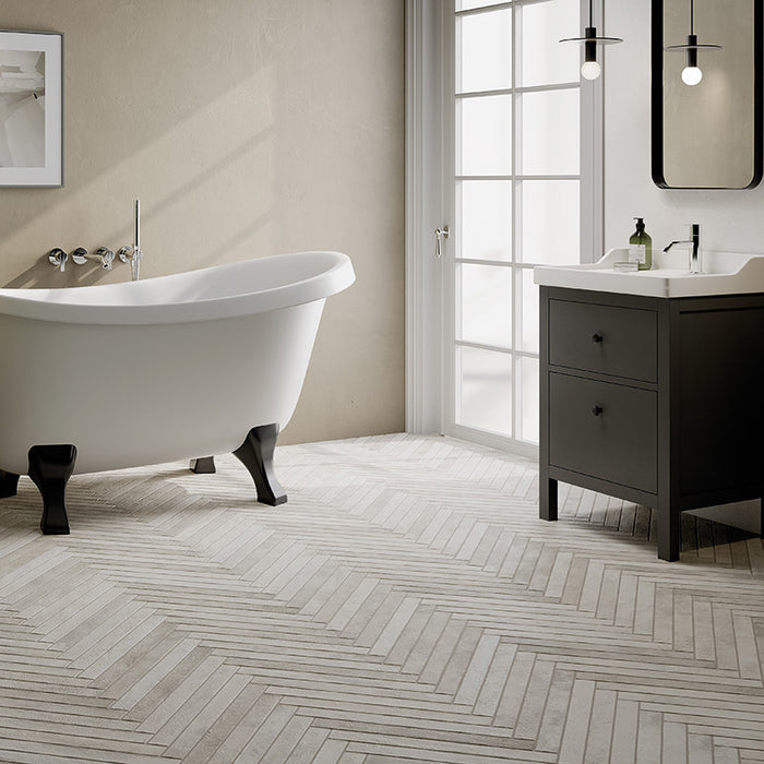 Dettaglio piastrella per pavimento e rivestimento in gres porcellanato effetto mattoncino opaco 4.8x45 cm della collezione Nolita, colore White di Ceramica Rondine