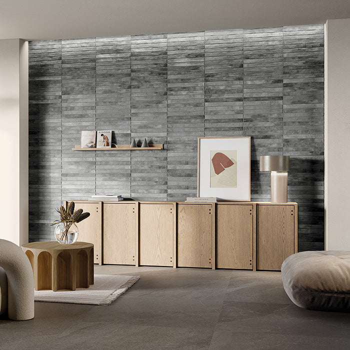 Dettaglio piastrella per pavimento e rivestimento in gres porcellanato effetto mattoncino opaco 4.8x45 cm della collezione Nolita, colore Smoke di Ceramica Rondine