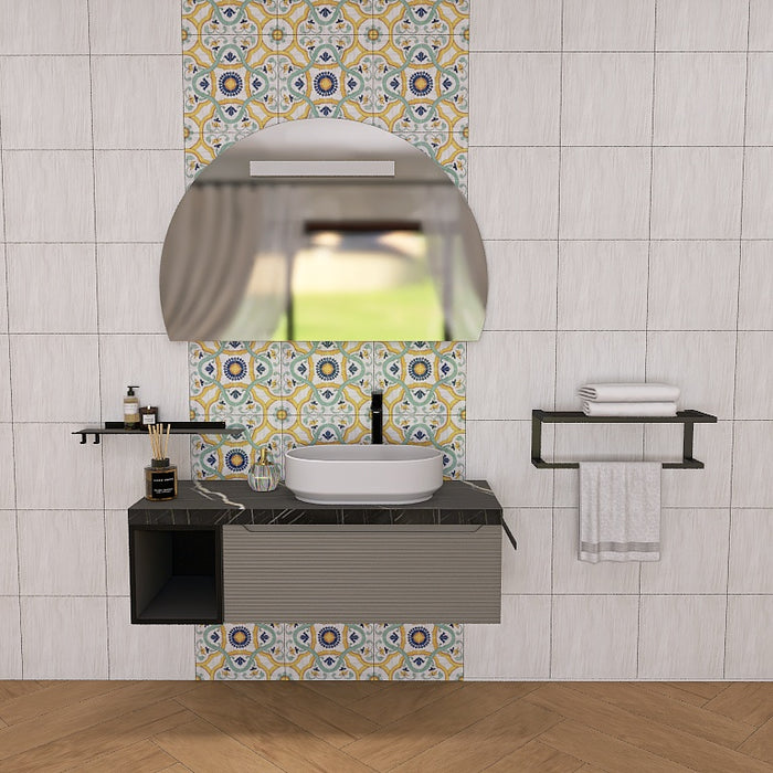 composizione mobile easy angy 02 lunghezza 120 cm in finitura tortora opaco con elemento a vista  nero opaco, top scatolare nero marquina e lavabo in appoggio