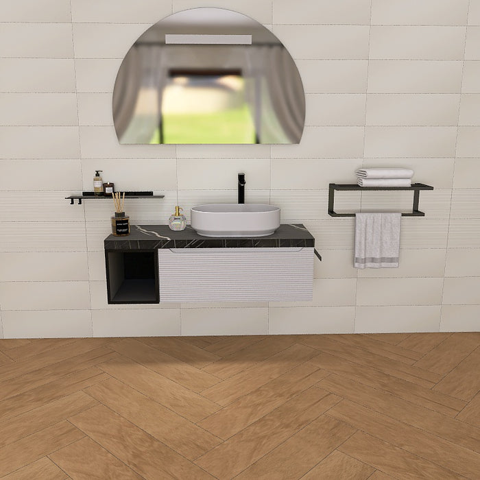 composizione mobile easy angy 02 lunghezza 120 cm con elemento a vista  nero opaco, top scatolare nero marquina e lavabo in appoggio