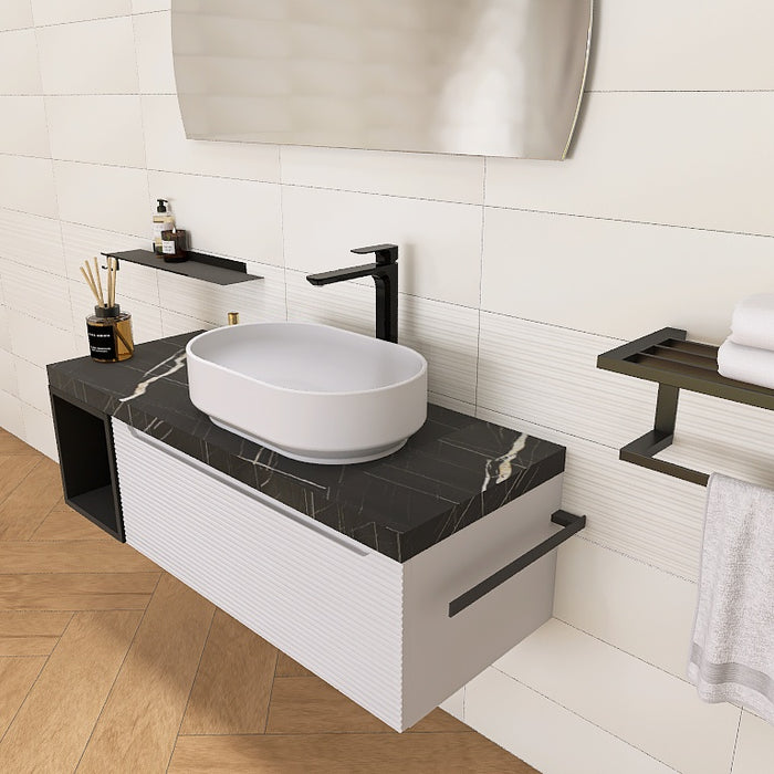 composizione mobile easy angy 02 lunghezza 120 cm con elemento a vista  nero opaco, top scatolare nero marquina e lavabo in appoggio