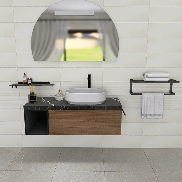 composizione mobile easy angy 02 lunghezza 120 cm con elemento a vista  nero opaco, top scatolare nero marquina e lavabo in appoggio