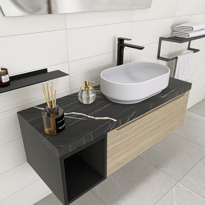 composizione mobile easy angy 02 lunghezza 120 cm con elemento a vista  nero opaco, top scatolare nero marquina e lavabo in appoggio