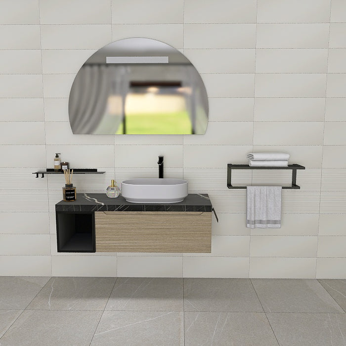 composizione mobile easy angy 02 lunghezza 120 cm con elemento a vista  nero opaco, top scatolare nero marquina e lavabo in appoggio