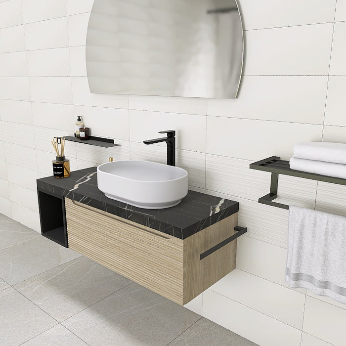 composizione mobile easy angy 02 lunghezza 120 cm con elemento a vista  nero opaco, top scatolare nero marquina e lavabo in appoggio