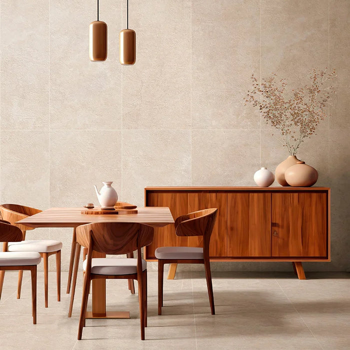 Sala da pranzo con pavimento interno in gres porcellanato effetto pietra della collezione Oasi di Savoia Italia, formato 60x60 cm, colore Avana